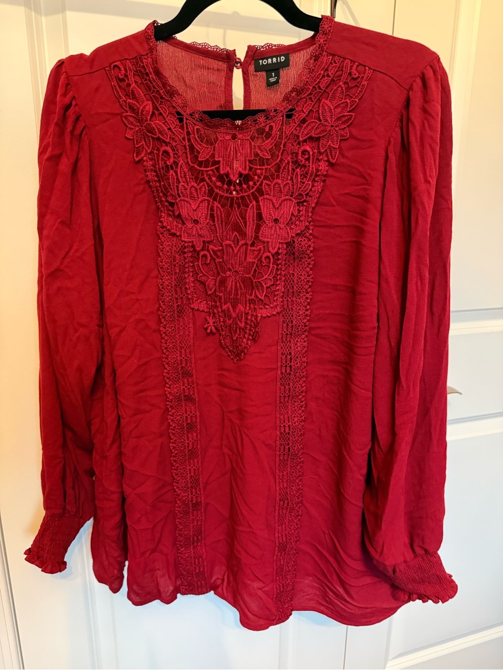 torrid Burgundy Lace-Inset Long Sleeve Blouse